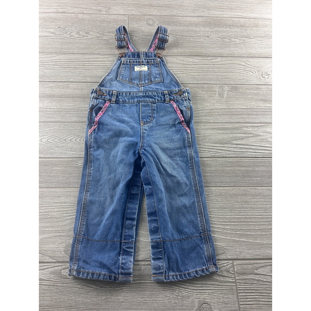 OshKosh Bgosh Girls Blue Denim Floral Trim Overalls 24M